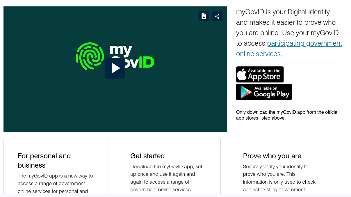 Screenshot of myGovID website showing Google and Apple-exclusive download methods